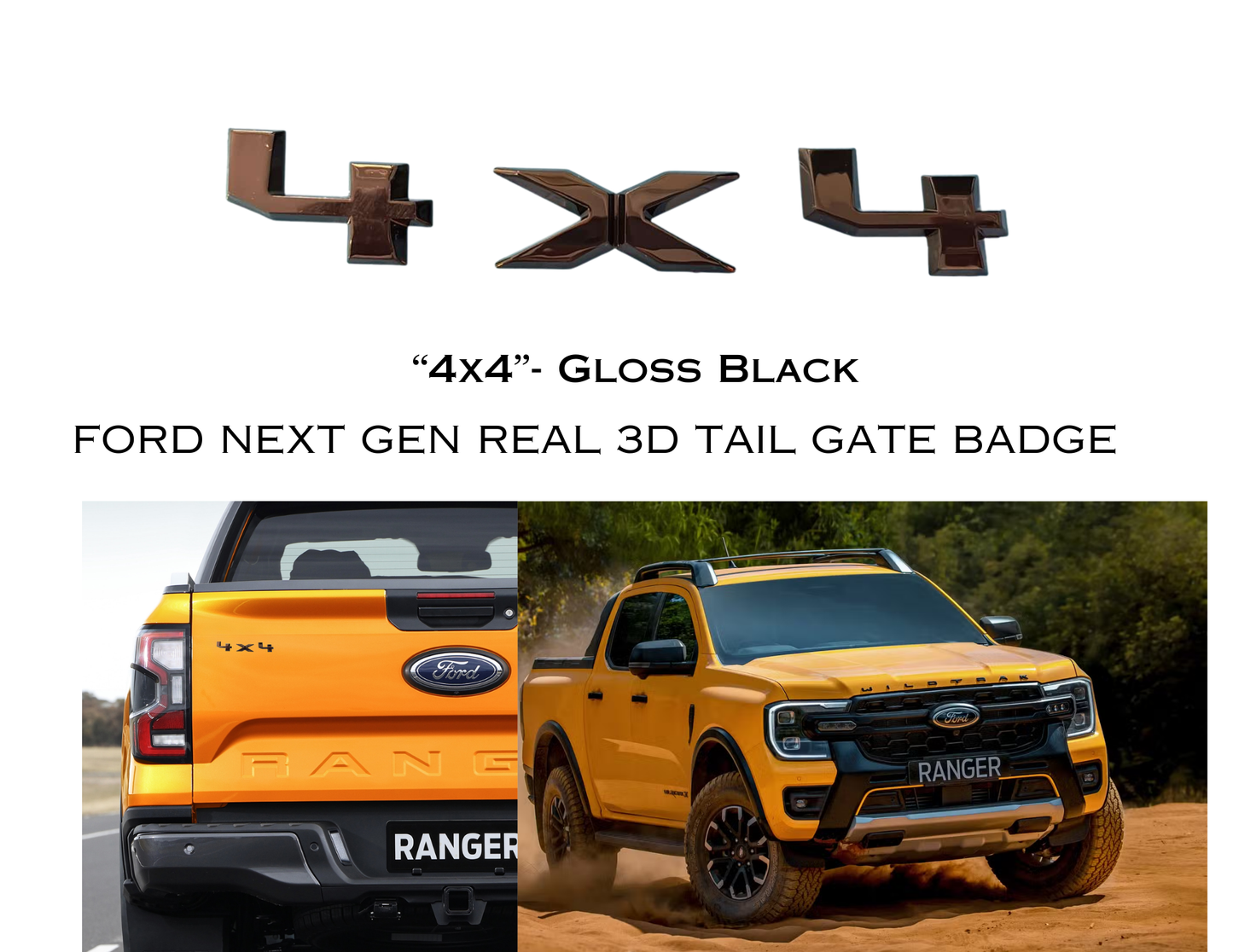 FORD NEXT GEN REAL 3D TAIL GATE BADGE - “4x4”- Gloss Black